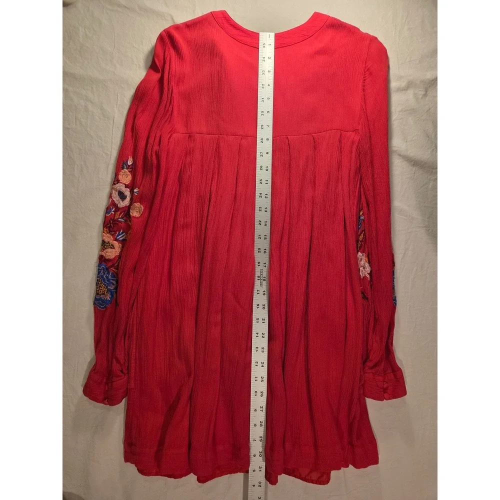Free People Mia Embroidered Gauze Mini Dress Long Sleeve Boho, Size S, Red